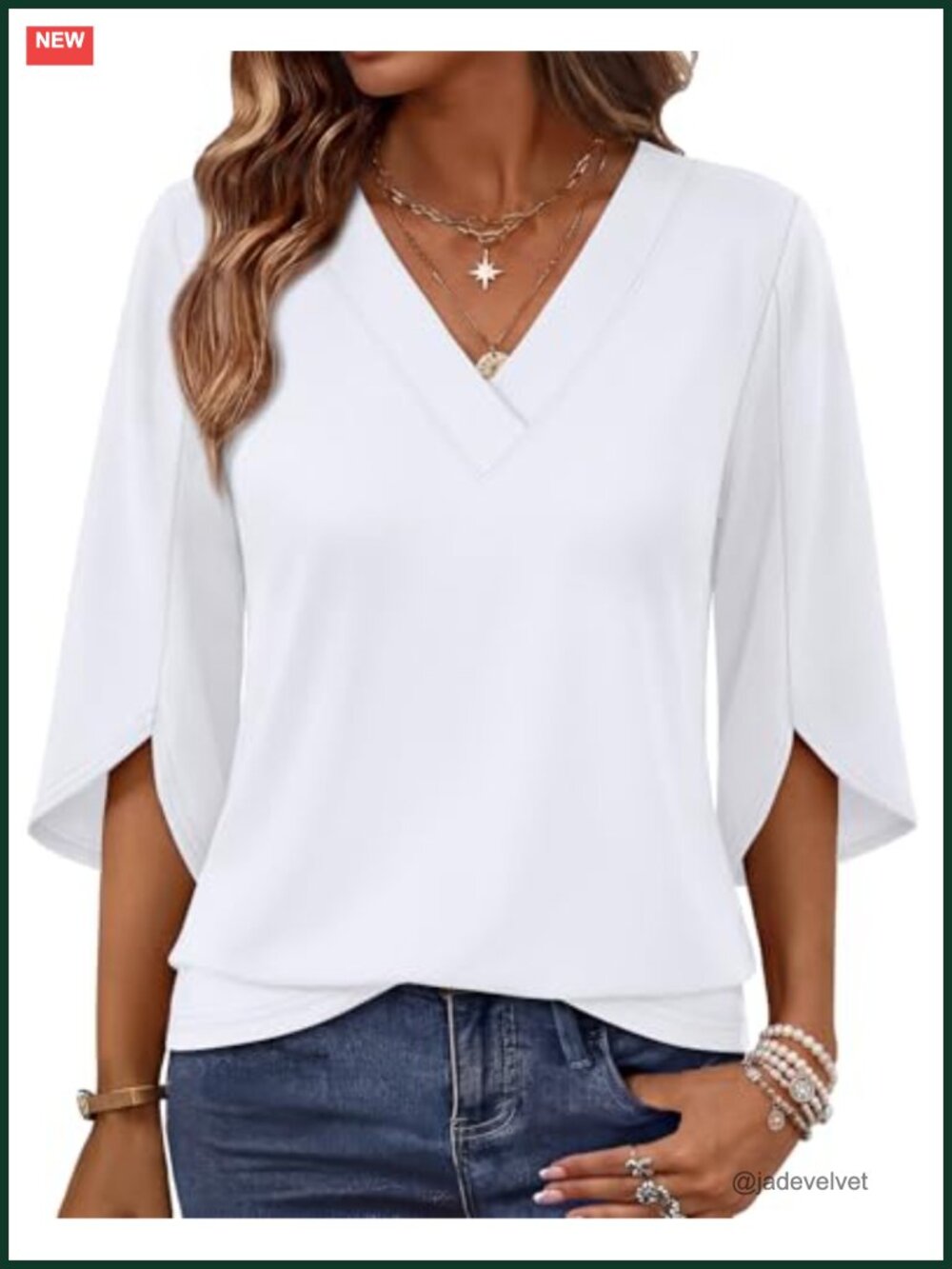 Women's V-Neck Bell Sleeve Blouse Dressy Casual Summer Top Lightweight Knit